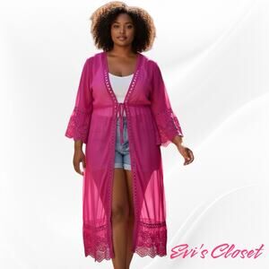 Torrid Plus Sz 2 18-20 Tie Front Crochet Border Maxi Kimono Pink Go Cover Up